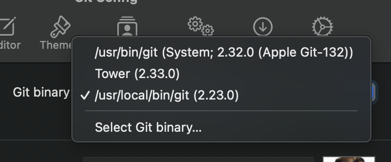 Tower's Git binary selection